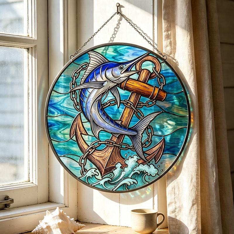 Marlin and Anchor Glass Suncatcher