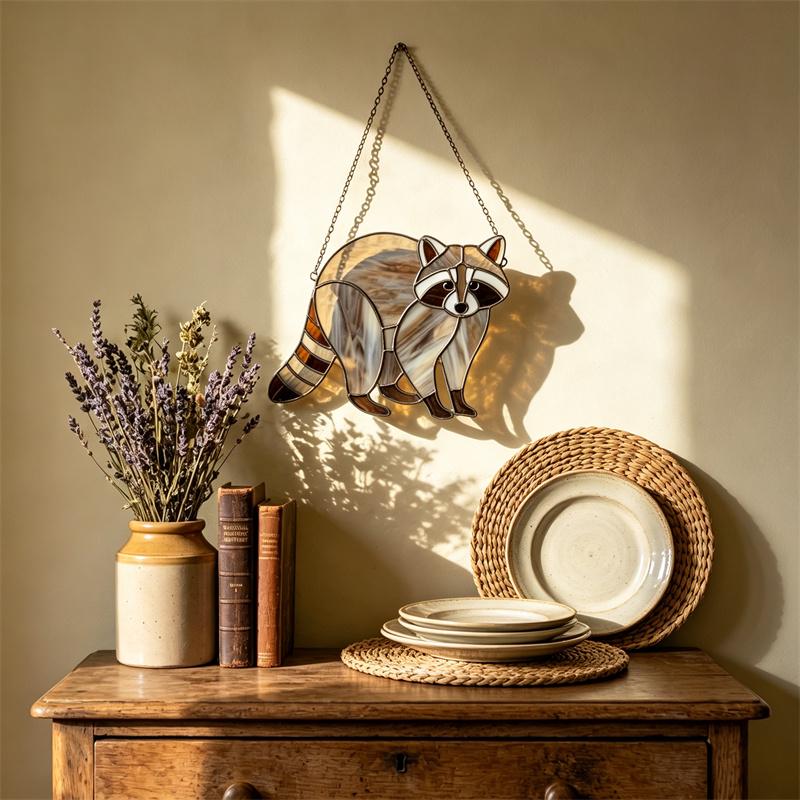 Woodland Raccoon Glass Suncatcher