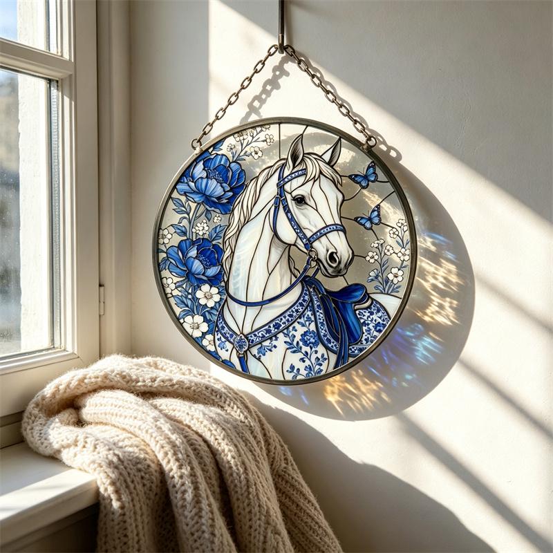 Blue Floral Horse Glass Suncatcher