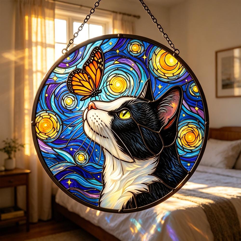 Starry Cat and Butterfly Glass Art