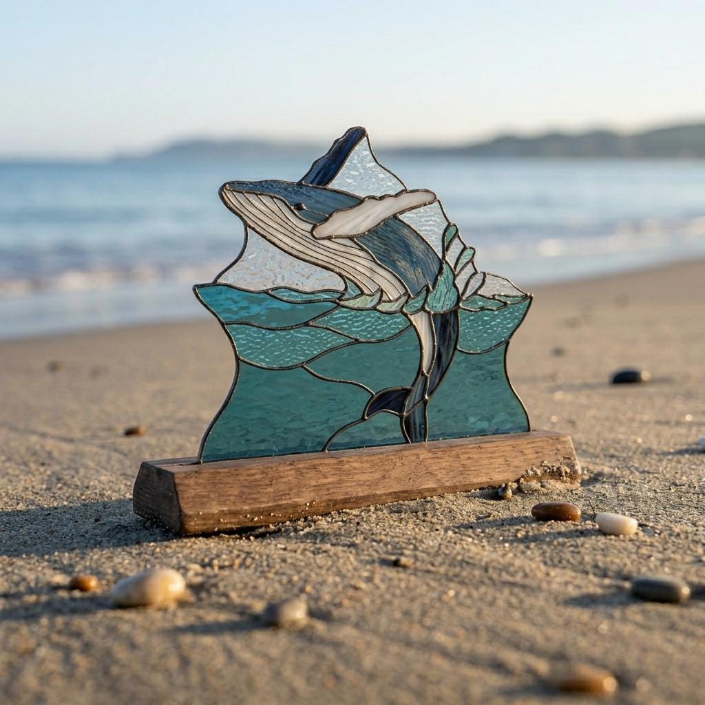 Breaching Whale and Mountain Glass Decor