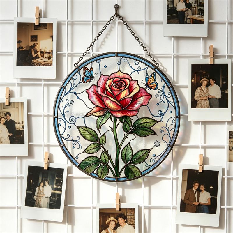 Rose and Butterfly Glass Wall Hanging