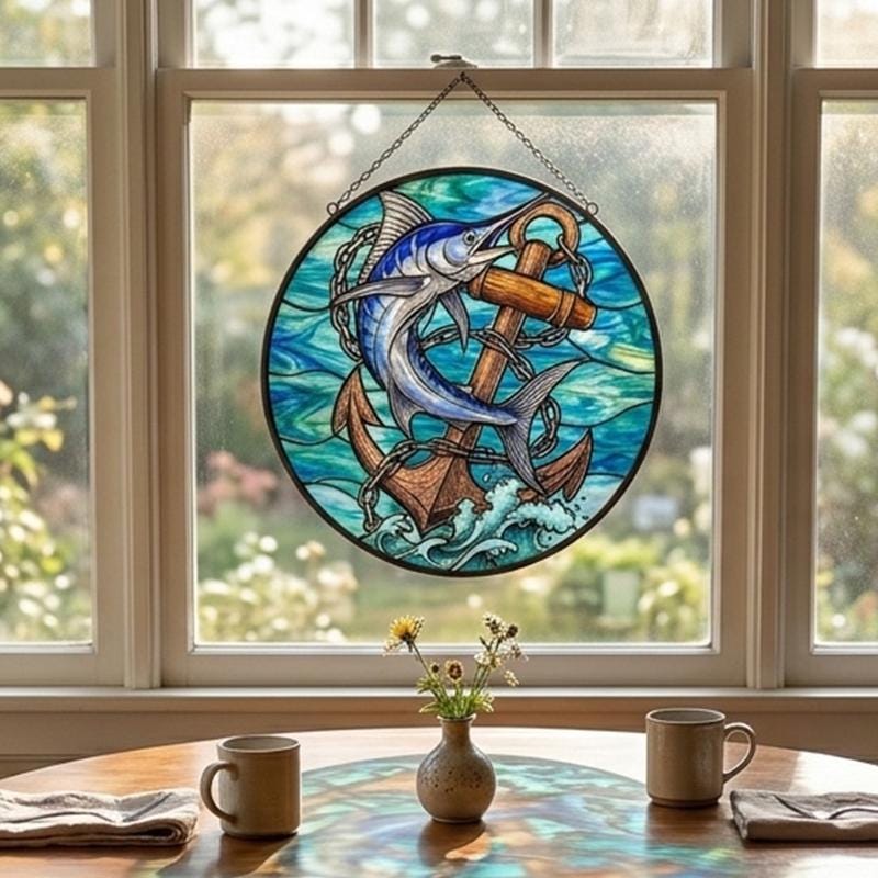 Marlin and Anchor Glass Suncatcher