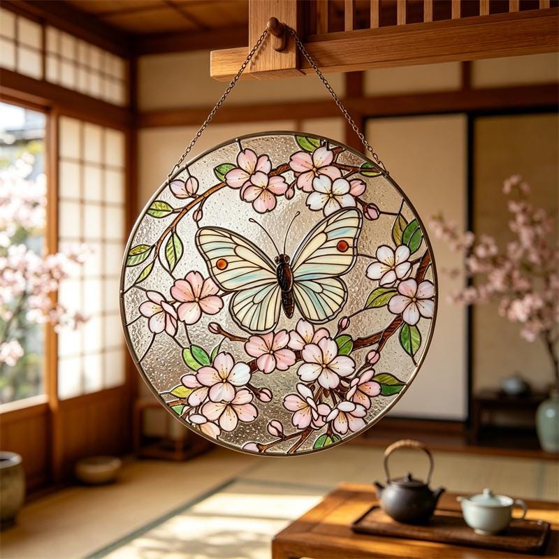 Cherry Blossom Butterfly Glass Wall Hanging