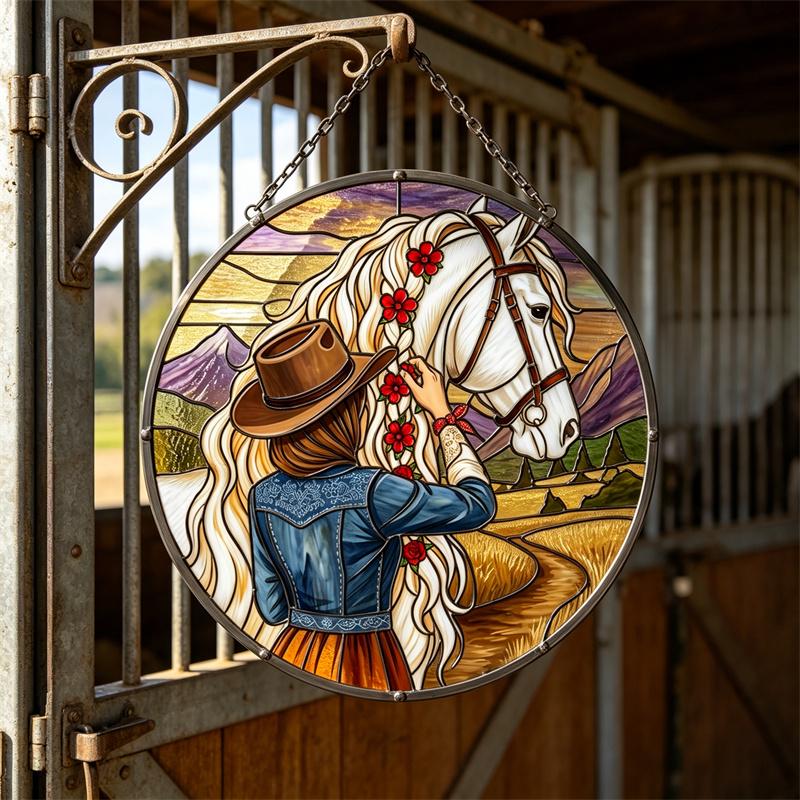 Western Cowgirl and Horse Glass Suncatcher