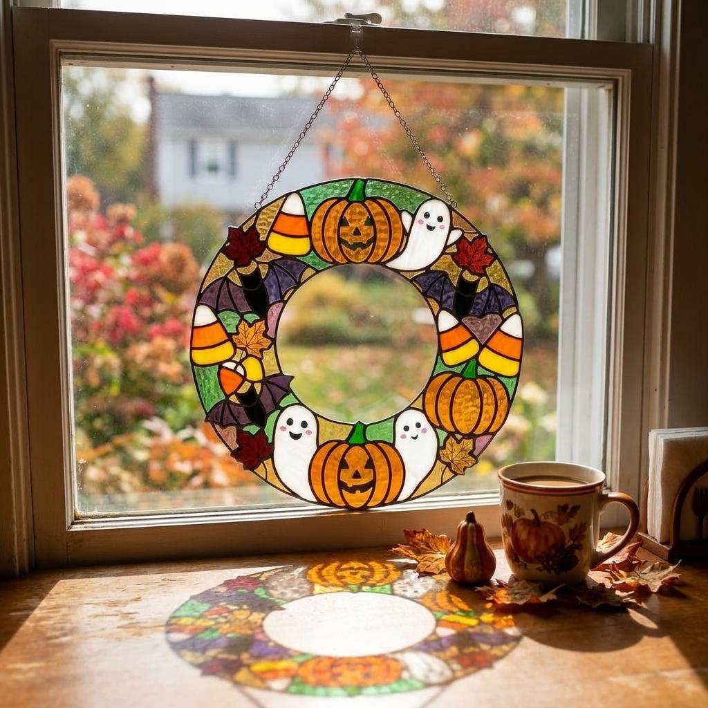 Pumpkin Party Wreath Glass Suncatcher