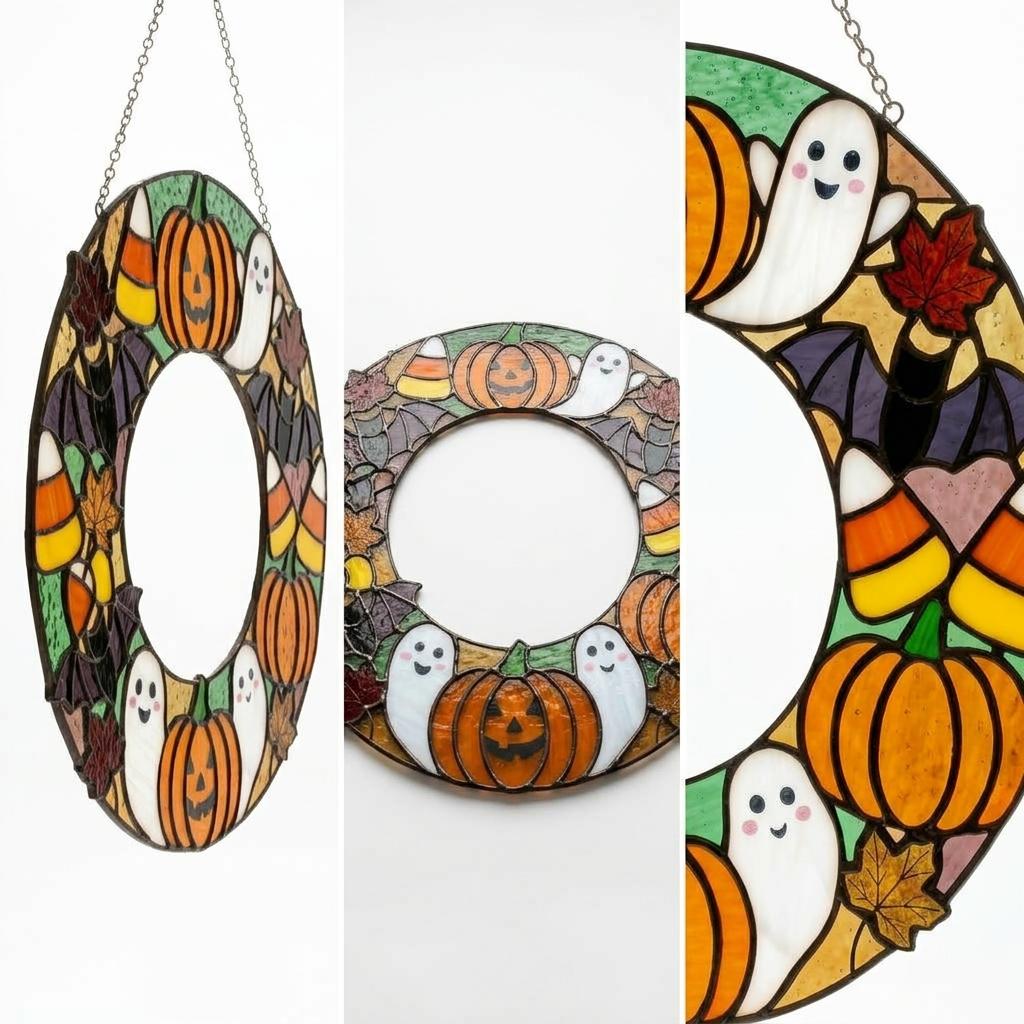 Pumpkin Party Wreath Glass Suncatcher