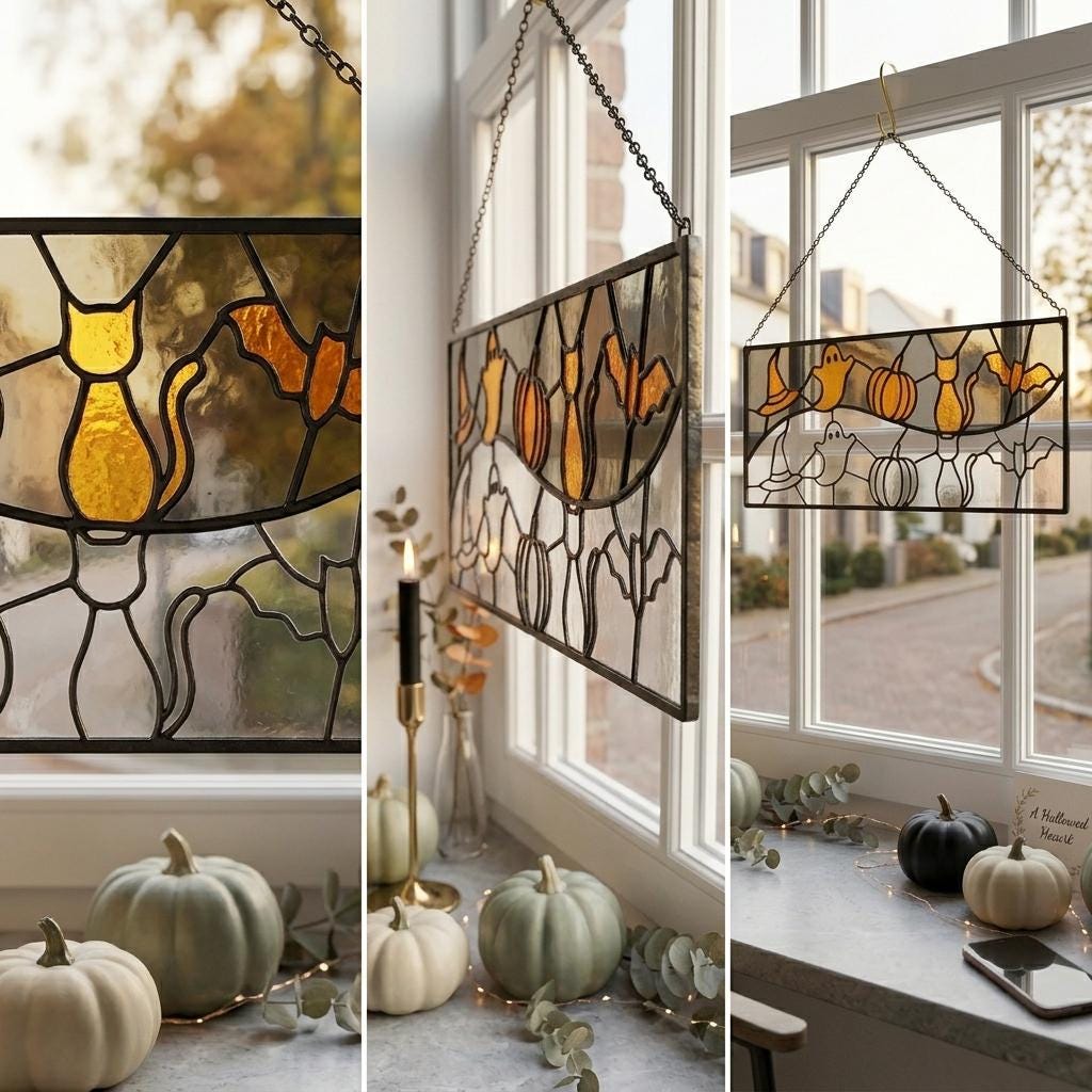 Ghost and Pumpkin Halloween Glass Panel