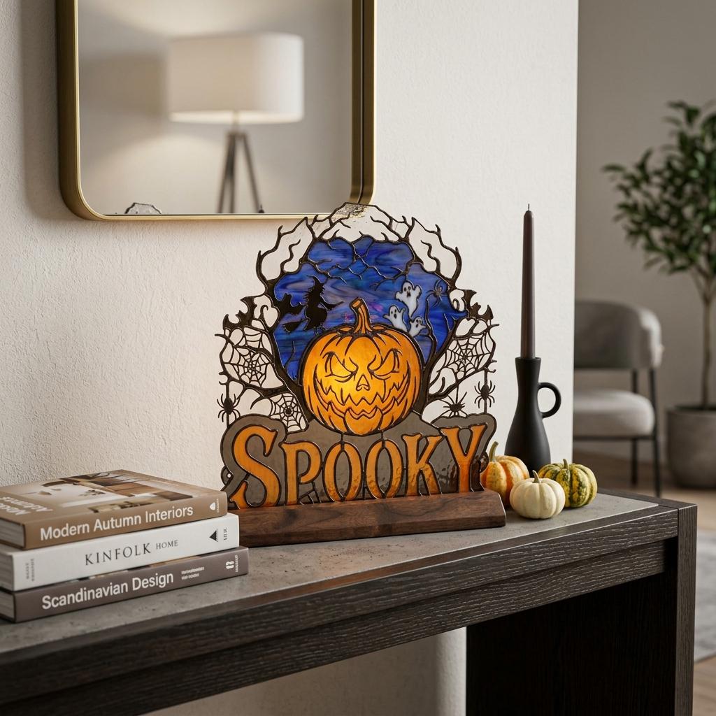 Witch and Ghost Pumpkin Glass Decor