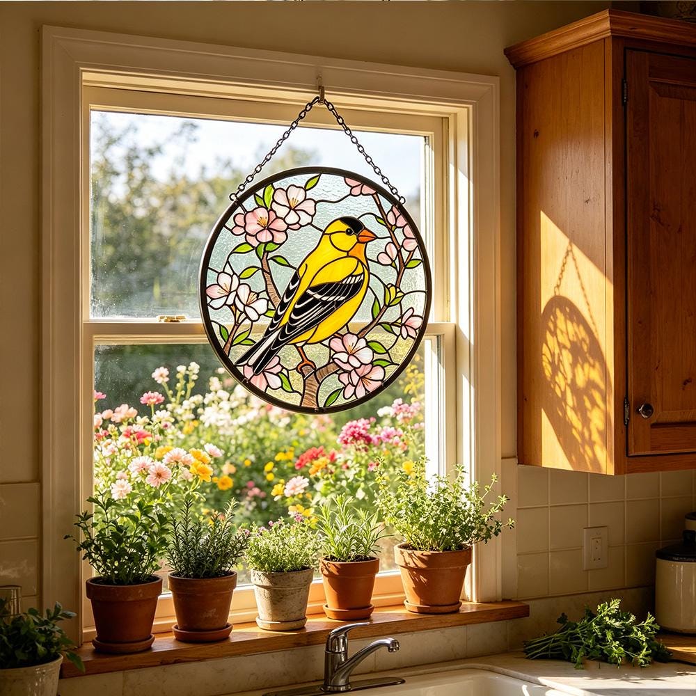 Goldfinch Cherry Blossom Glass Suncatcher
