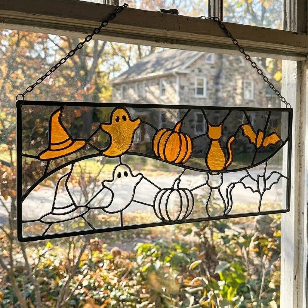 Ghost and Pumpkin Halloween Glass Panel