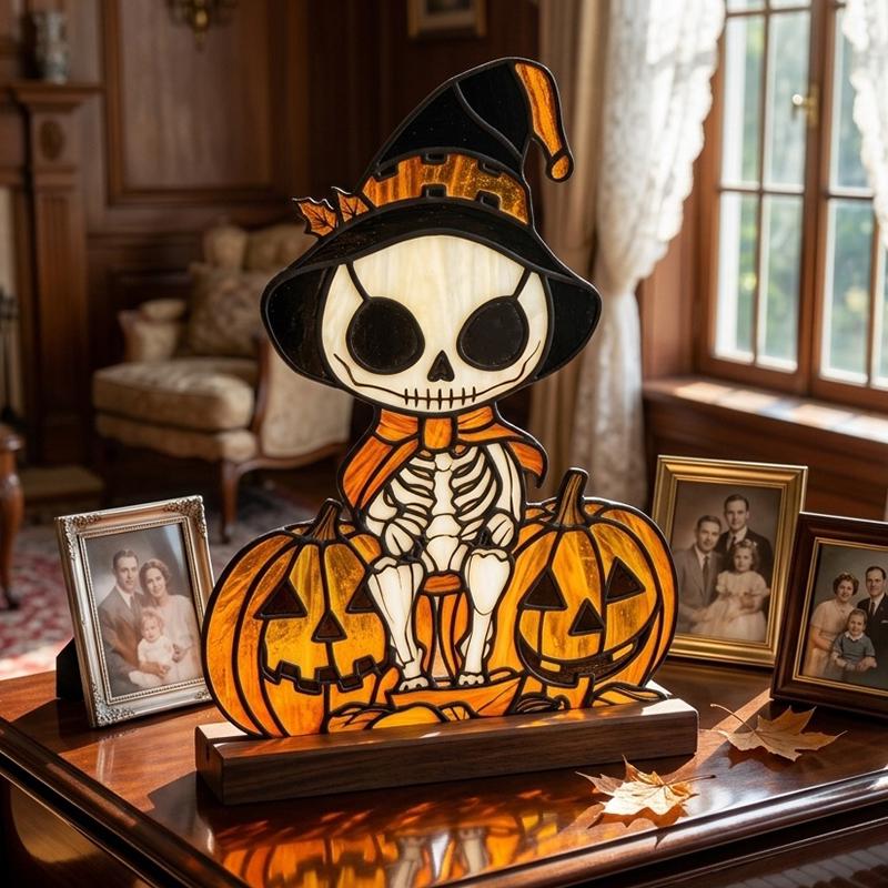 Skeleton Pumpkin Glass Decor