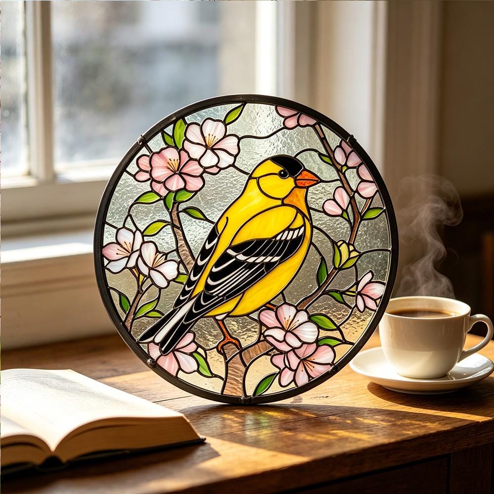 Goldfinch Cherry Blossom Glass Suncatcher