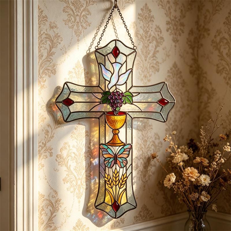 Butterfly and Grape Cross Glass Art