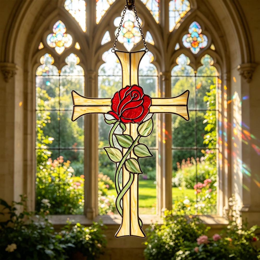 Red Rose Cross Glass Art