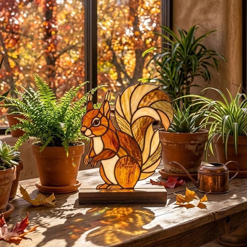 Squirrel Glass Decor with Walnut Base