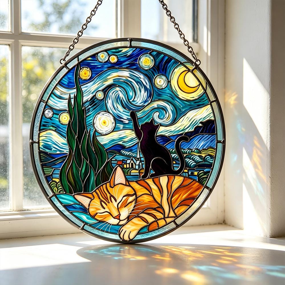 Starry Night Cats Glass Art