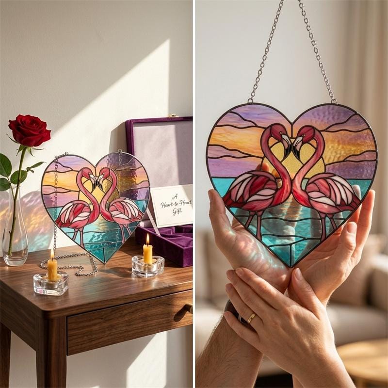 Flamingo Heart Glass Suncatcher
