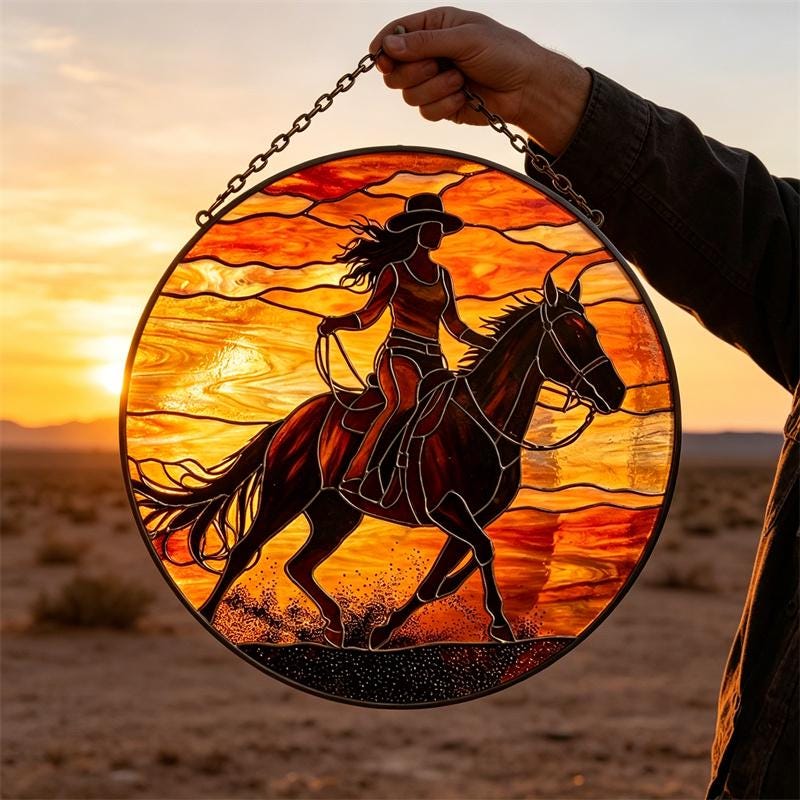 Sunset Cowgirl and Horse Glass Suncatcher