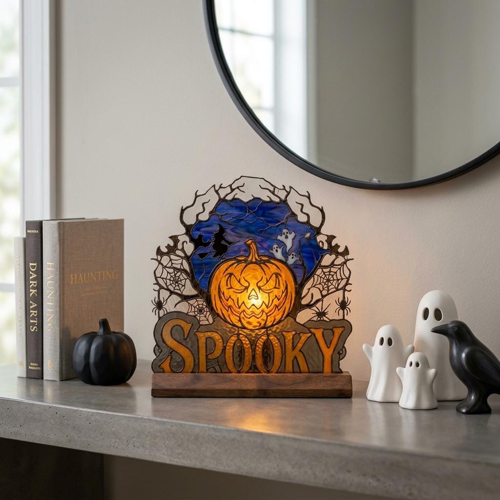 Witch and Ghost Pumpkin Glass Decor