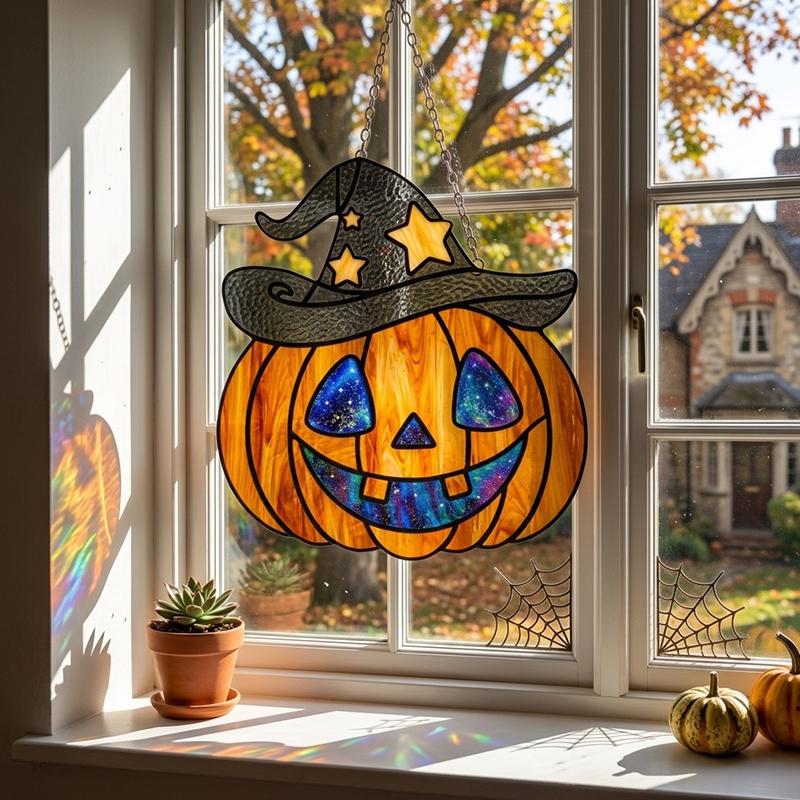 Witch Hat Pumpkin Glass Suncatcher