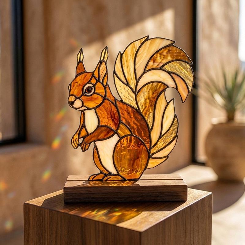 Squirrel Glass Decor with Walnut Base