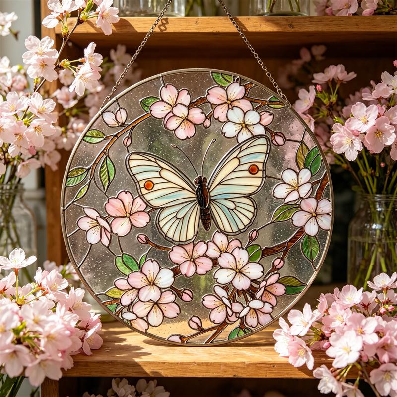 Cherry Blossom Butterfly Glass Wall Hanging