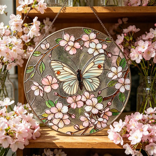 Cherry Blossom Butterfly Glass Wall Hanging