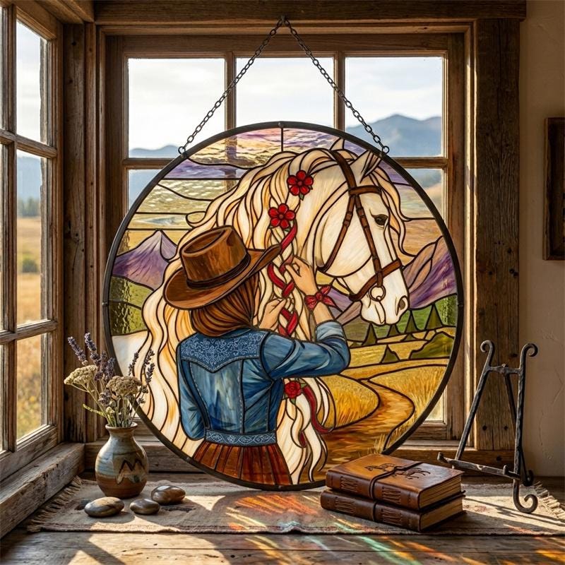 Western Cowgirl and Horse Glass Suncatcher