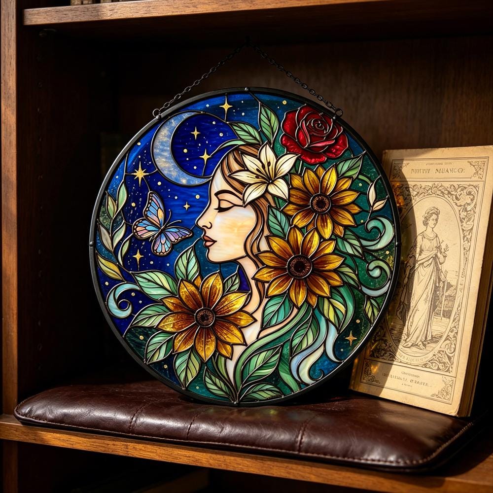 Moon and Butterfly Floral Glass Art