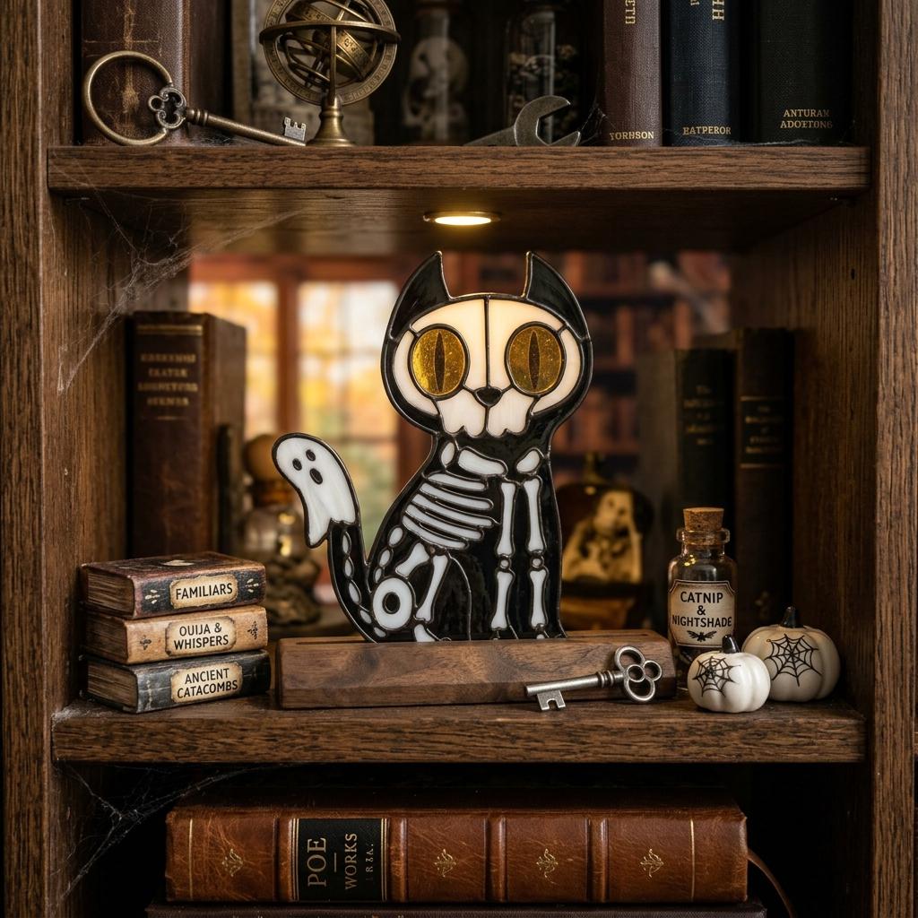 Skeleton Cat Glass Decor