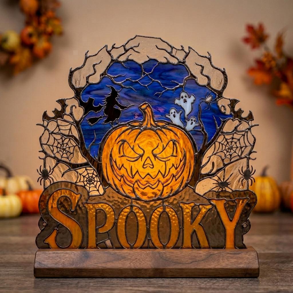 Witch and Ghost Pumpkin Glass Decor