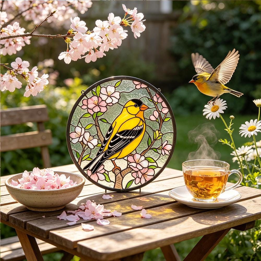 Goldfinch Cherry Blossom Glass Suncatcher