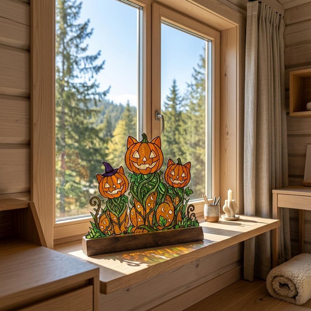 Pumpkin Cat Trio Glass Decor