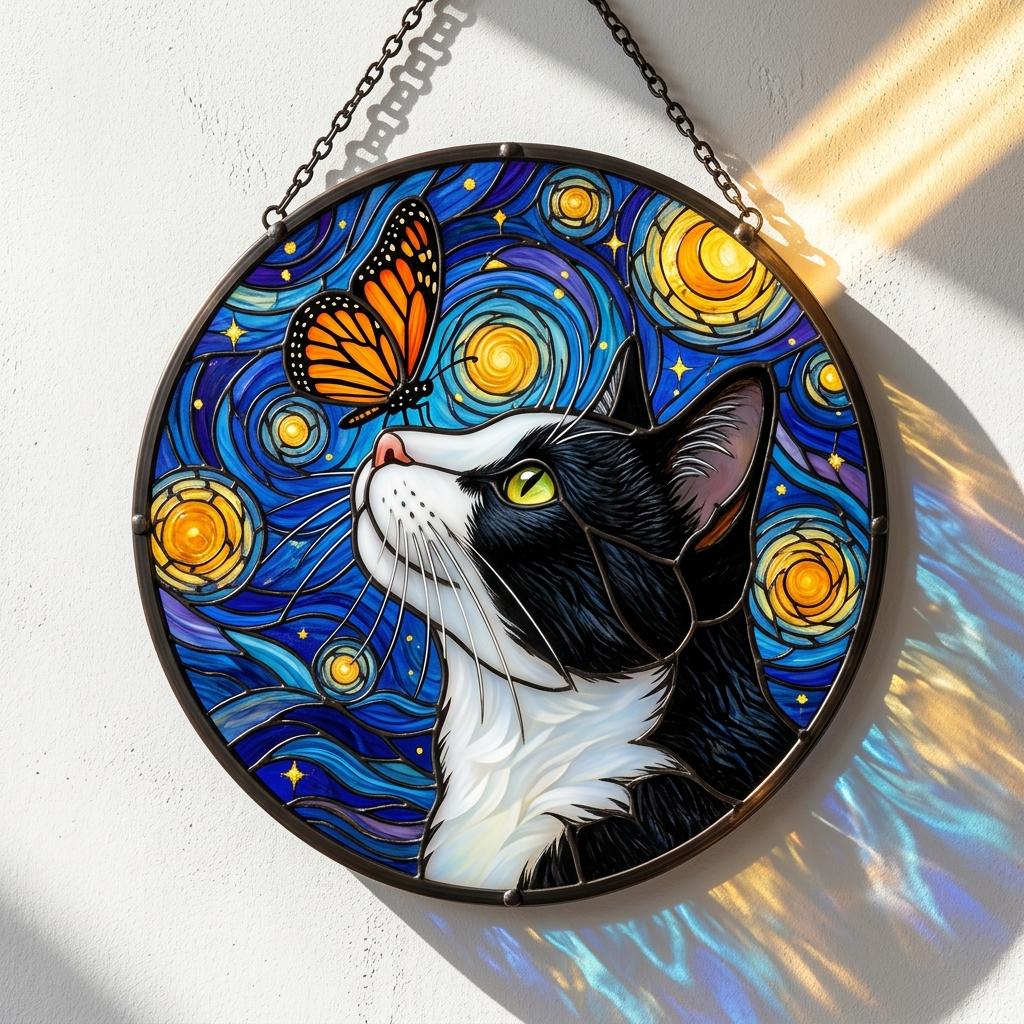 Starry Cat and Butterfly Glass Art