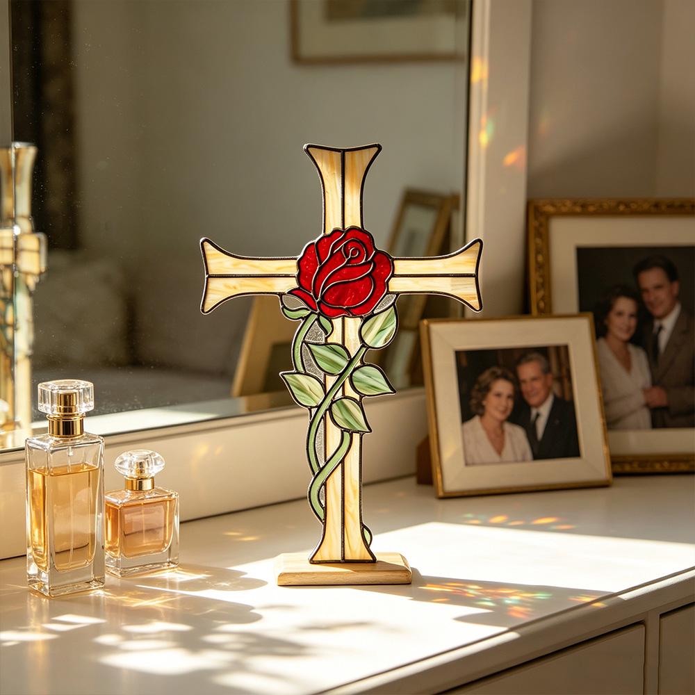 Red Rose Cross Glass Art