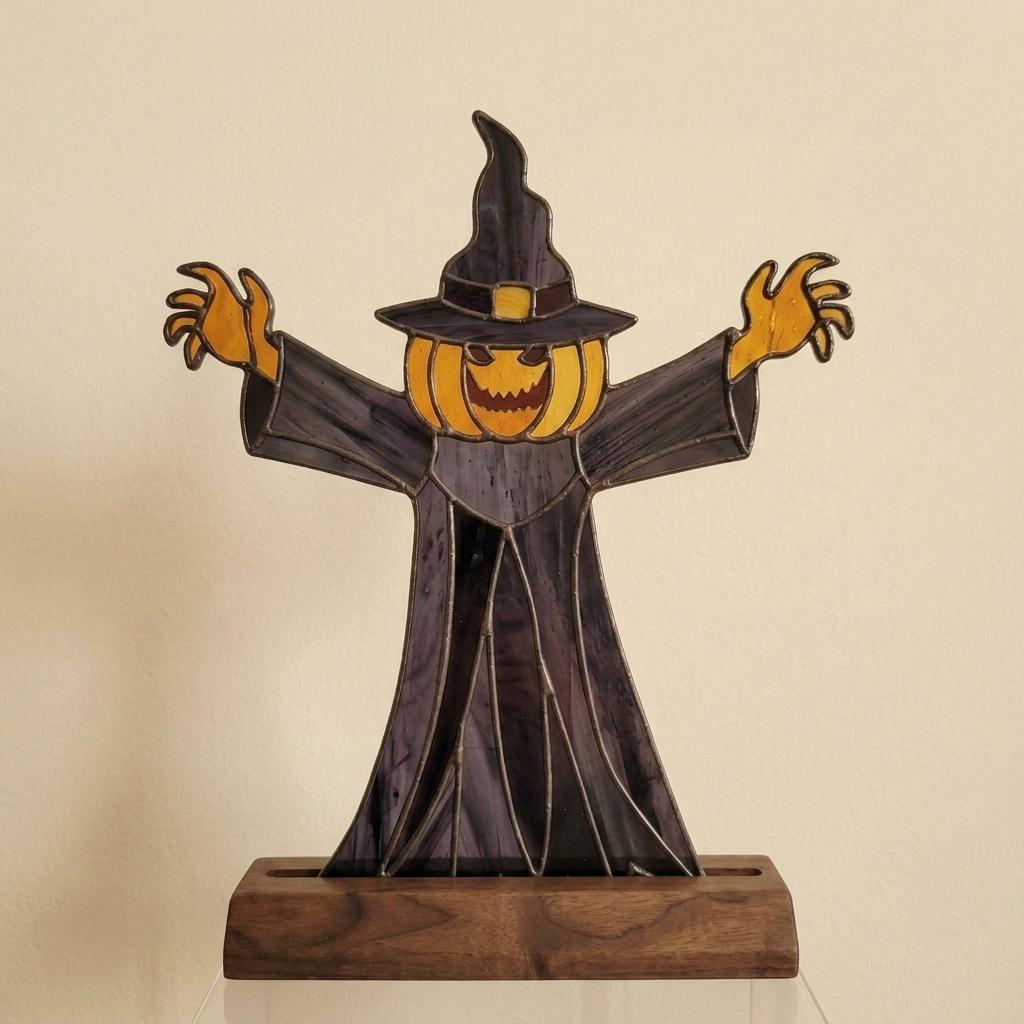Pumpkin Witch Scarecrow Glass Decor