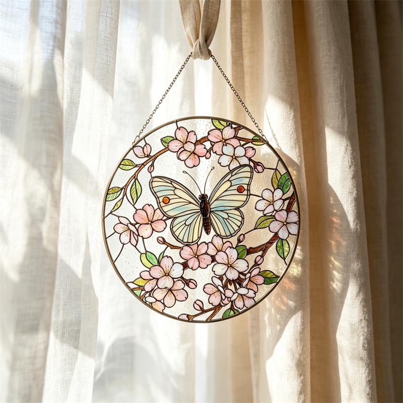 Cherry Blossom Butterfly Glass Wall Hanging