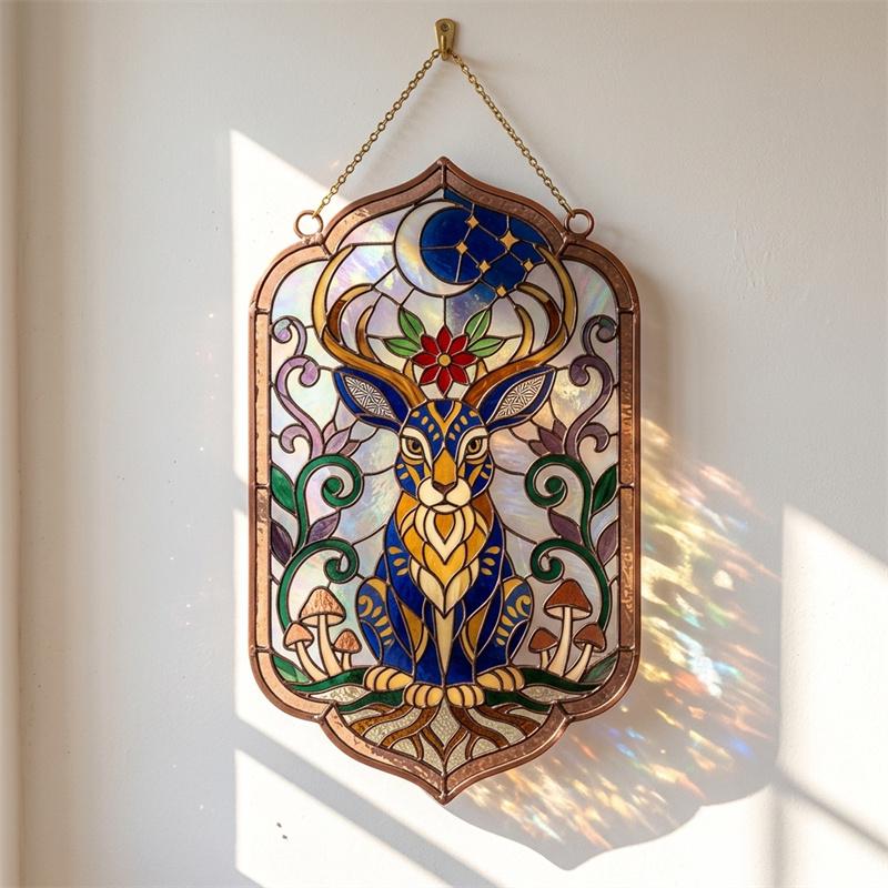 Moon and Mushroom Jackalope Glass Suncatcher