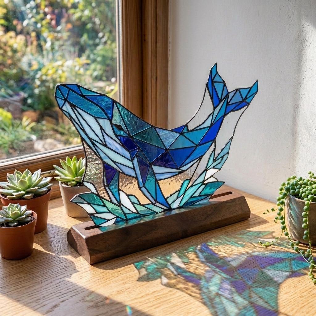 Geometric Whale and Waves Glass Decor
