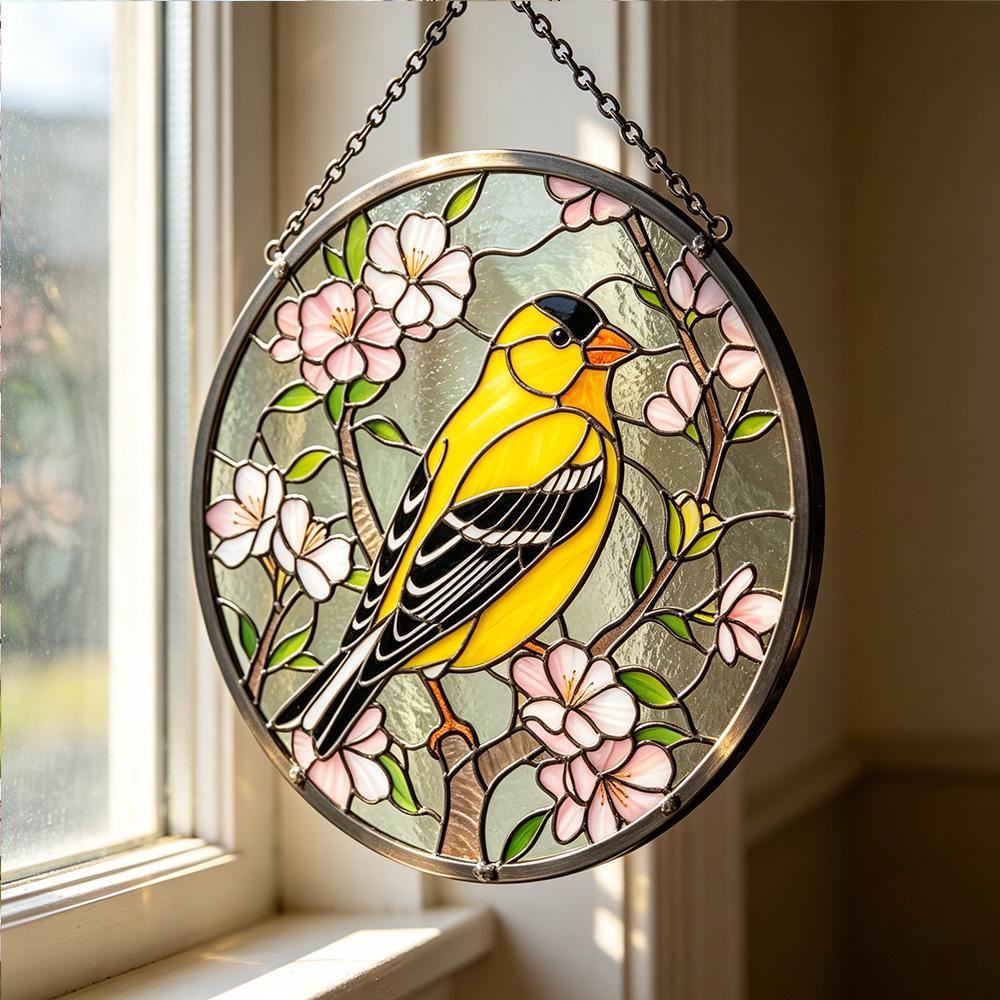 Goldfinch Cherry Blossom Glass Suncatcher