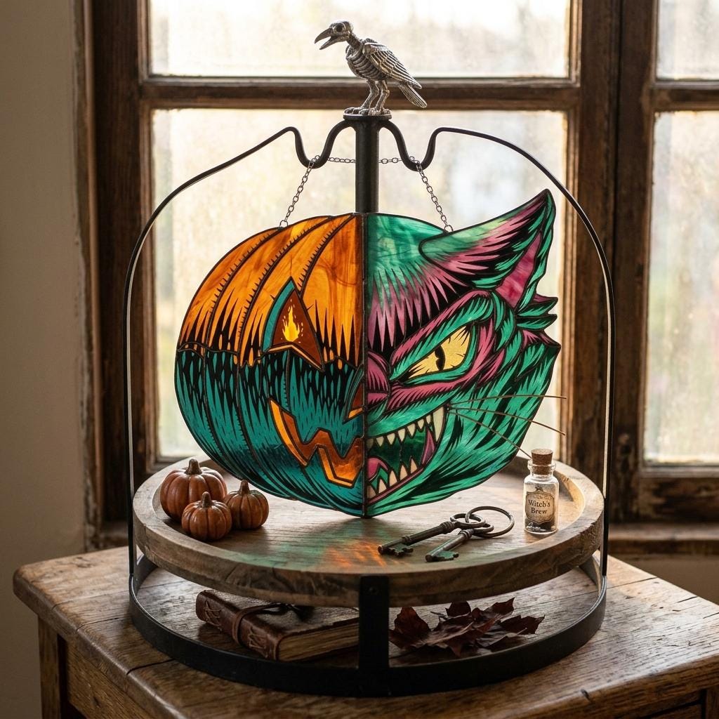 Split-Face Pumpkin Cat Glass Suncatcher