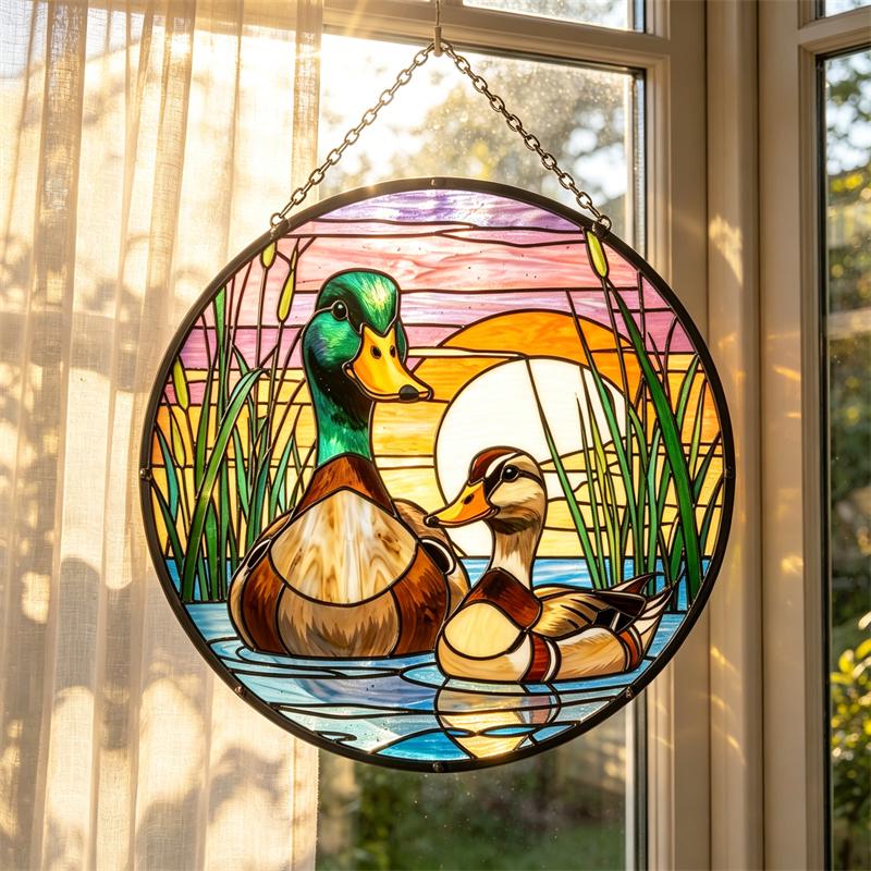 Sunset Duck Couple Glass Wall Hanging