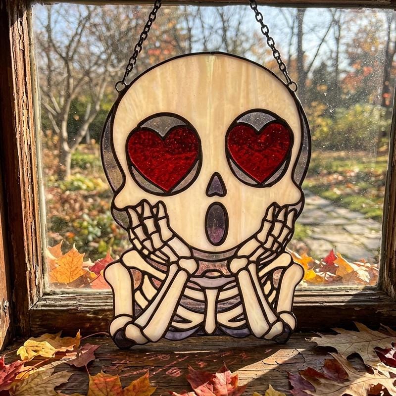 Heart-Eyed Skeleton Glass Suncatcher