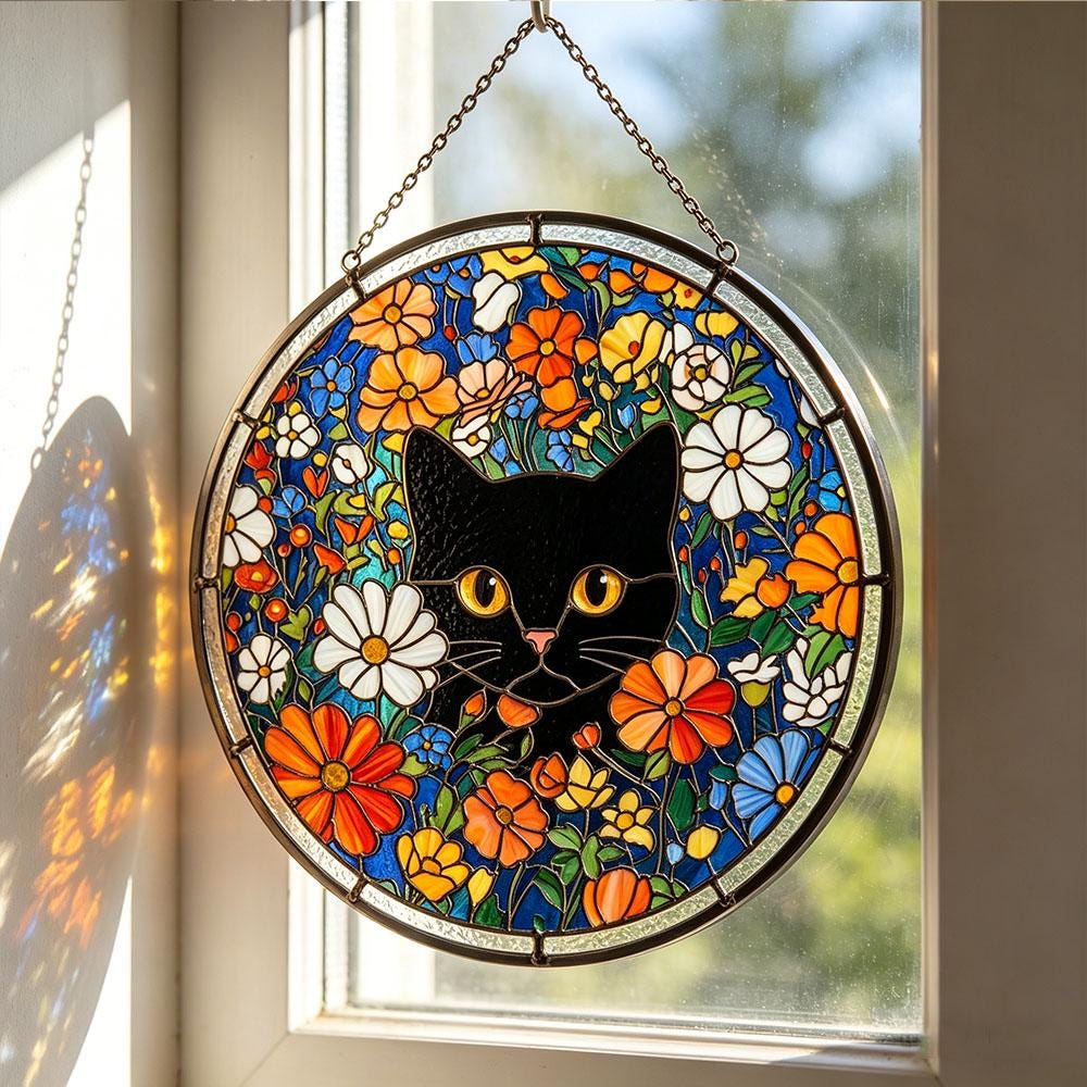 Black Cat Floral Glass Suncatcher