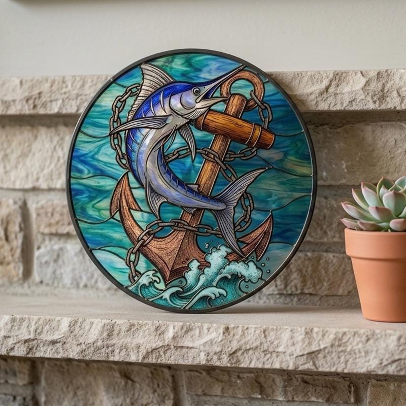 Marlin and Anchor Glass Suncatcher
