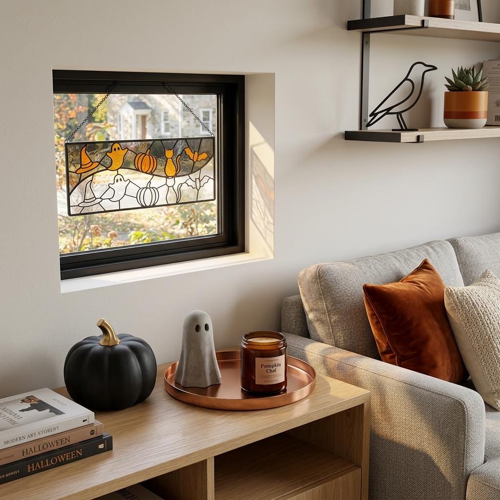 Ghost and Pumpkin Halloween Glass Panel