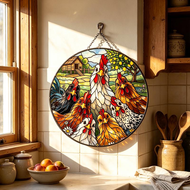 Chicken Family Glass Suncatcher