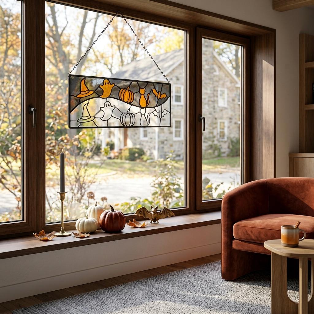 Ghost and Pumpkin Halloween Glass Panel