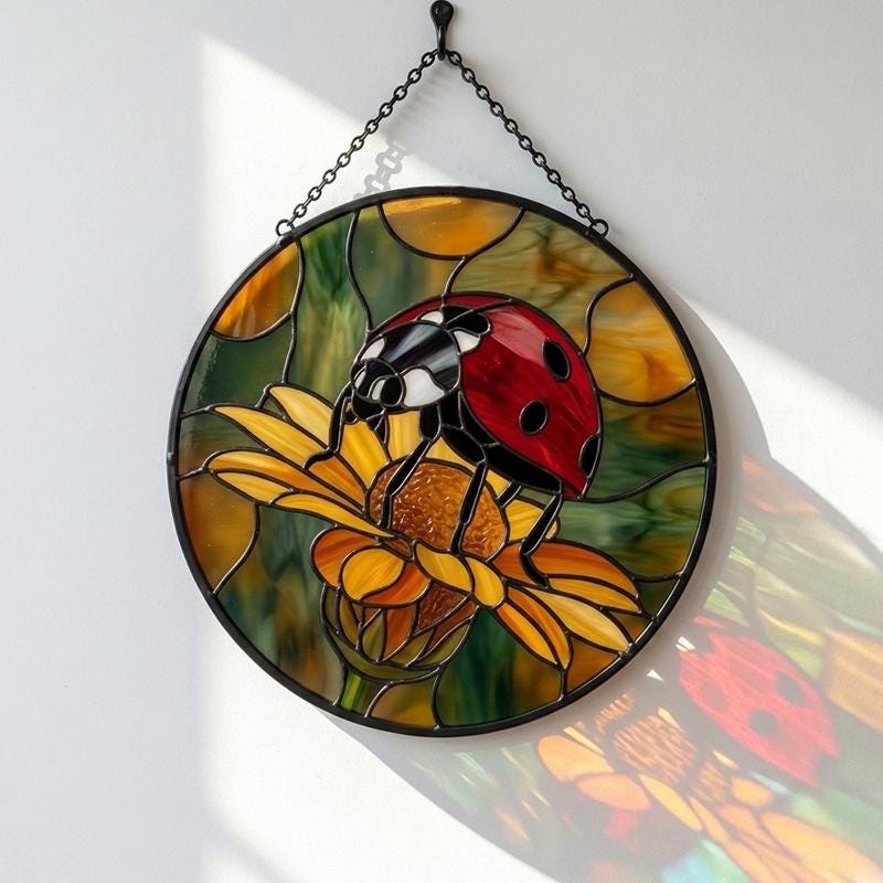 Ladybug Chrysanthemum Glass Suncatcher